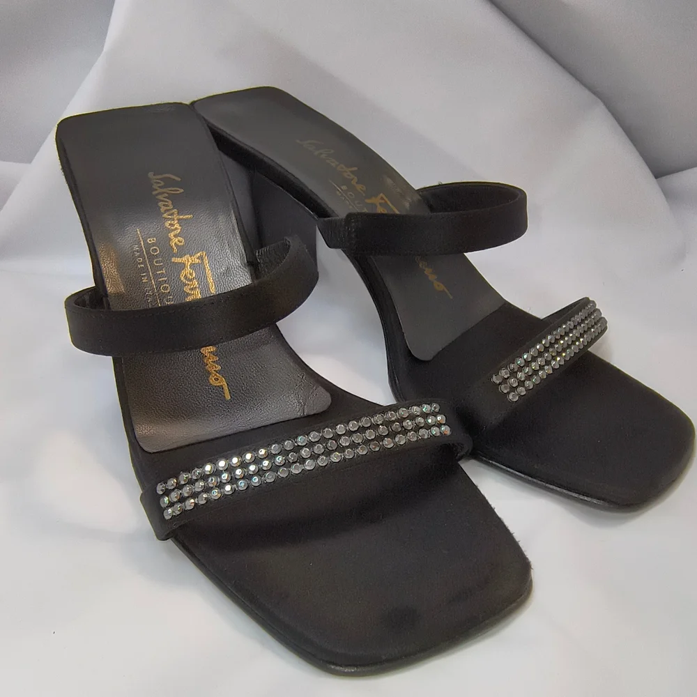 FERRAGAMO - Salvatore Ferragamo Satin & Crystal-Embellished Block Heel Sandals